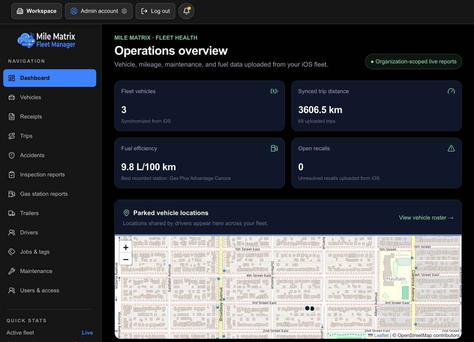 The Fleet Manager operations overview showing fleet vehicles, synced trip distance, fuel efficiency, open recalls, and a vehicle location map