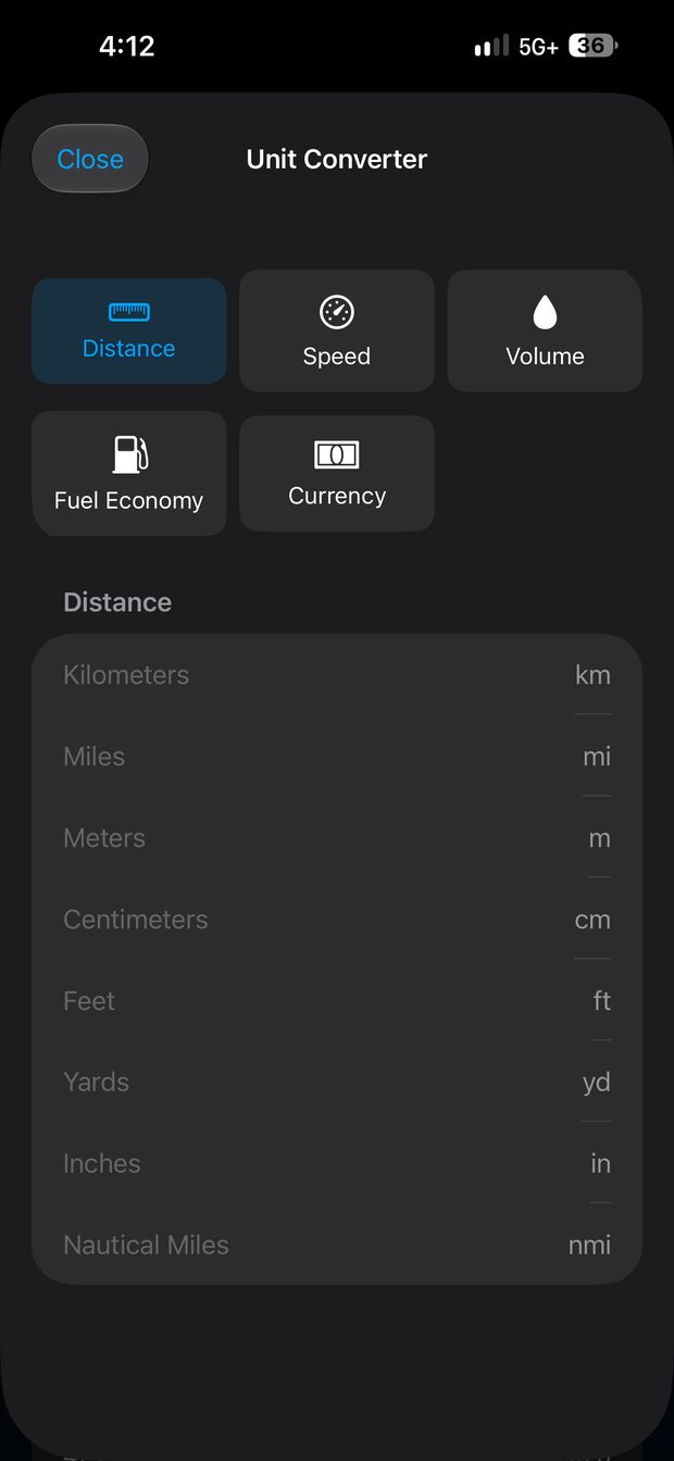 The built-in unit converter for distance, speed, volume, fuel economy, and currency