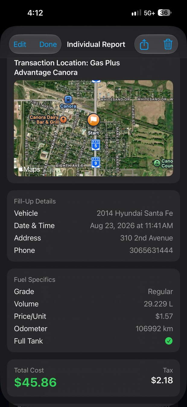 A saved fill-up showing the station location, volume, price per litre, odometer reading, and tax