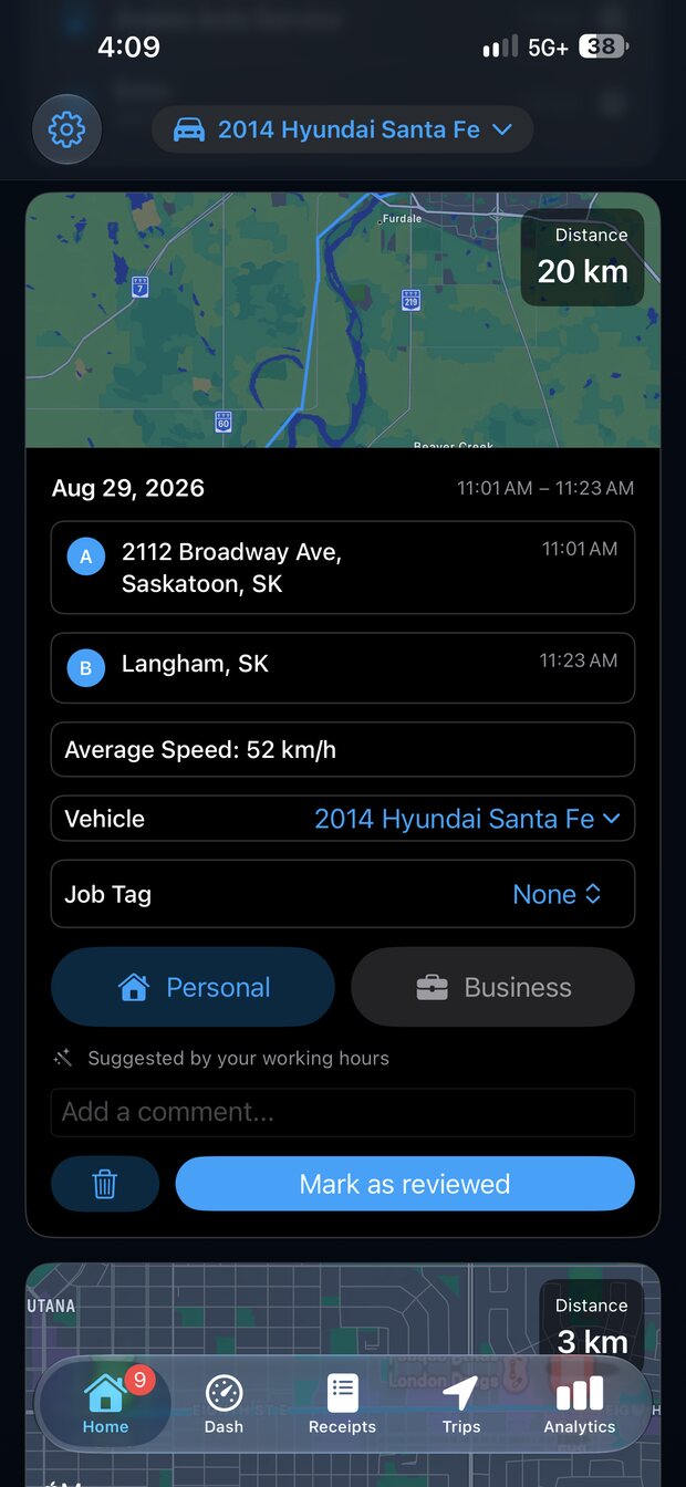 A recorded trip from Saskatoon to Langham waiting to be tagged as personal or business