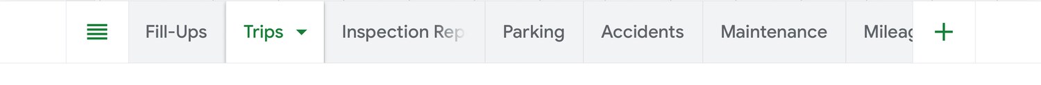 The tab bar of a synced Mile Maters.io vehicle spreadsheet showing Fill-Ups, Trips, Inspection Reports, Parking, Accidents, Maintenance, and Mileage tabs